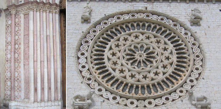 Lower Church: detail of the entrance; (right) Upper Church: the rose