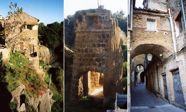 (left) The crumbling cliff; (centre) fortified gate; (right) a street of the old town