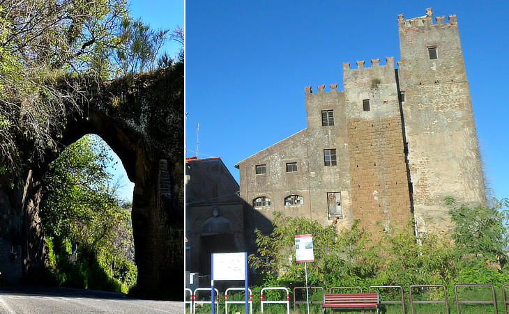 (left) Arco di Olevano aka Porta Neola; (right)  baronial palace of the Barberini at S. Vittorino