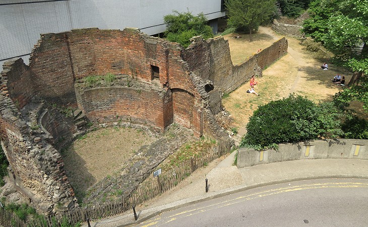 Roman walls of a small fortress near the Museum of London
