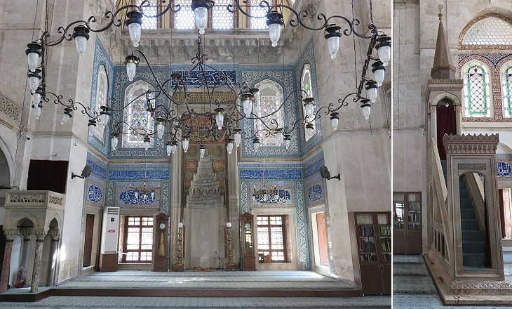 Muradiye Camii prayer hall: (left) mihrab; (right) minbar