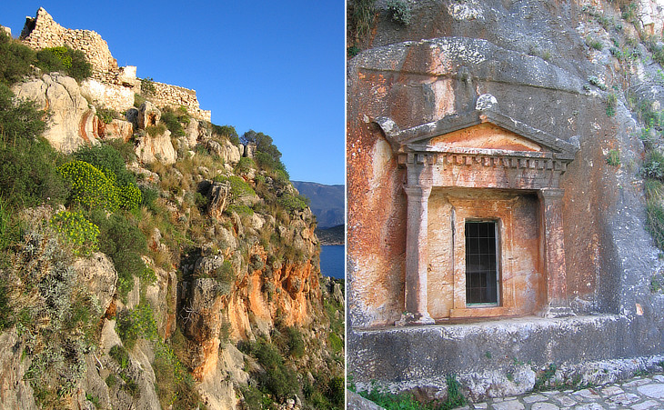 (left) The red rocks below the fortress; (right) Lycian tomb