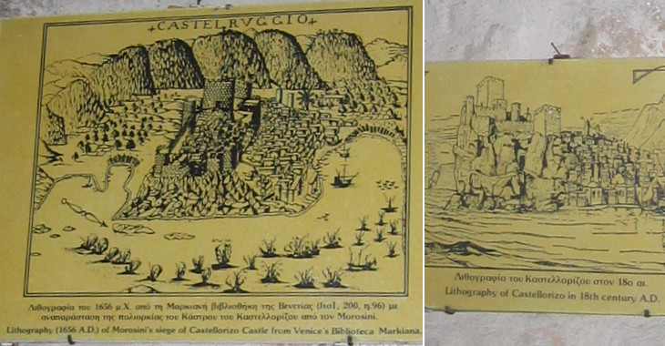(left) Morosini attacking Castelrosso; (right) 1904 view of the town
