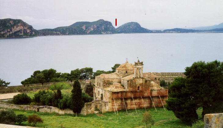 The bay of Navarino: the red line marks its northern entrance