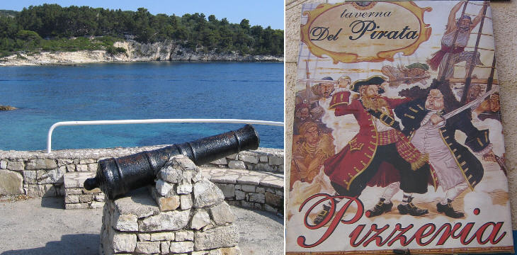 (left) A cannon on the southern side of the channel; (right) a pizzeria dedicated to the pirates