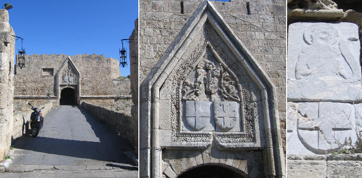 Outer St. John's Gate; coat of arms of Grand Master d'Aubusson and relief portraying St. John (inner gate)