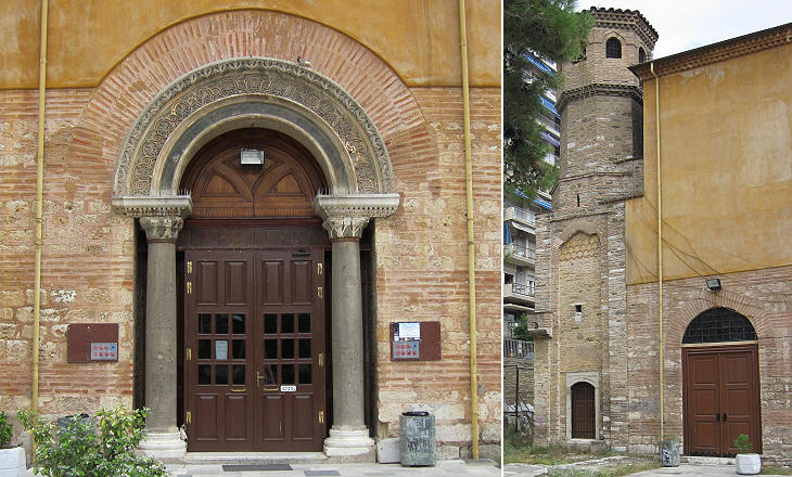 Agia Sophia: (left) main portal; (right) minaret