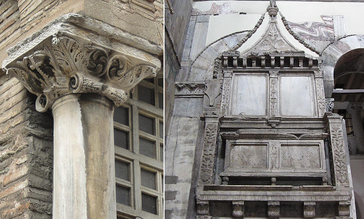 Agios Dimitrios: (left) Byzantine capital; (right) monument to Loukas Spandounis