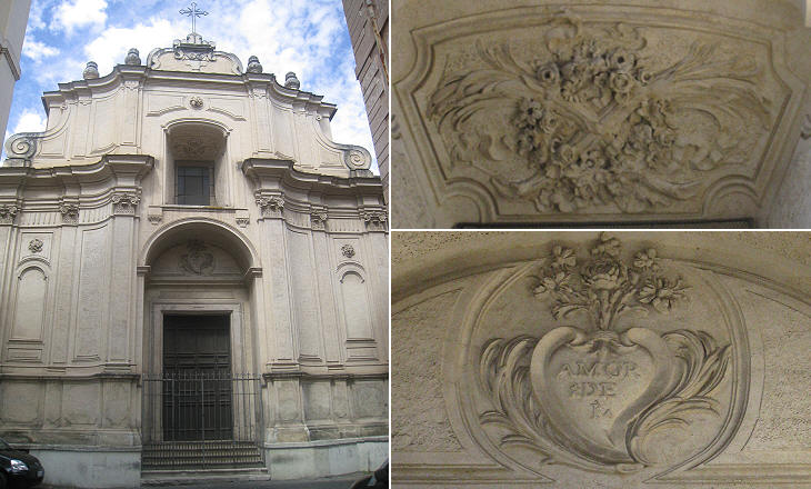 (left) Façade of the chapel; (right) details of its stucco decoration