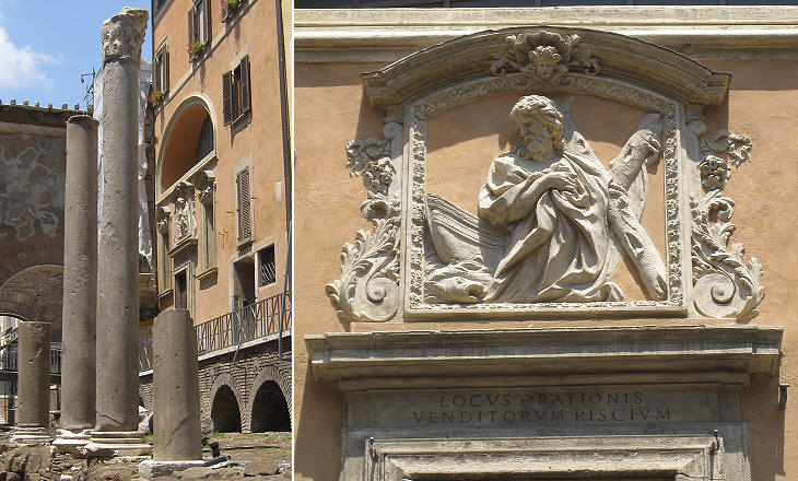 (left) Columns of Portico di Ottavia and S. Andrea dei Pescivendoli; (right) detail of its portal