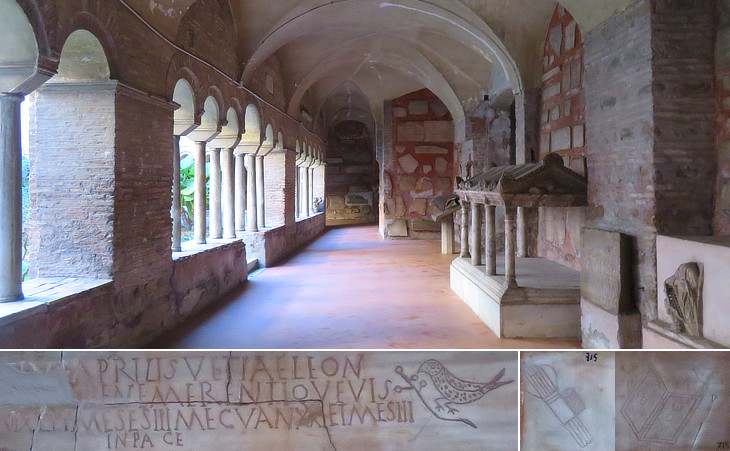 (above) A wing of the cloister; (below) details of inscriptions showing a bird and equipment for writing