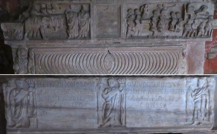 Sarcophagus with scenes of a pagan religious procession; (below) Christian sarcophagus