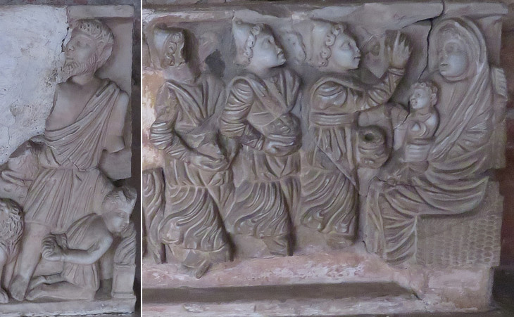 Fragments of Christian sarcophagi: (left) Sacrifice of Isaac; (right) Nativity with the Three Magi