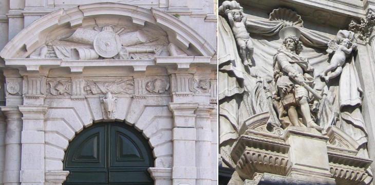 (left) Palazzo Morosini: entrance; (right) S. Maria del Giglio: monument to Antonio Barbaro