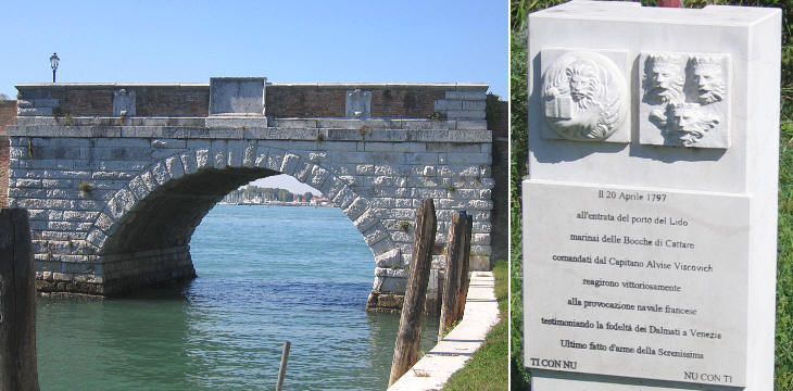 Forte S. Nicolò: (left) bridge by Francesco Malacreda; (right) modern monument to the last defenders of the Republic