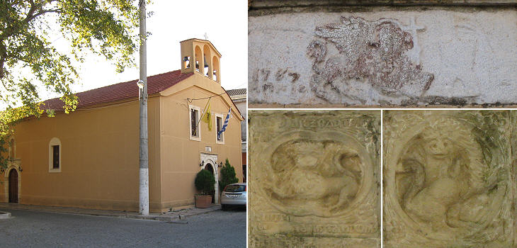 (left) The main church of Vonizza; (right) reliefs on its old portals